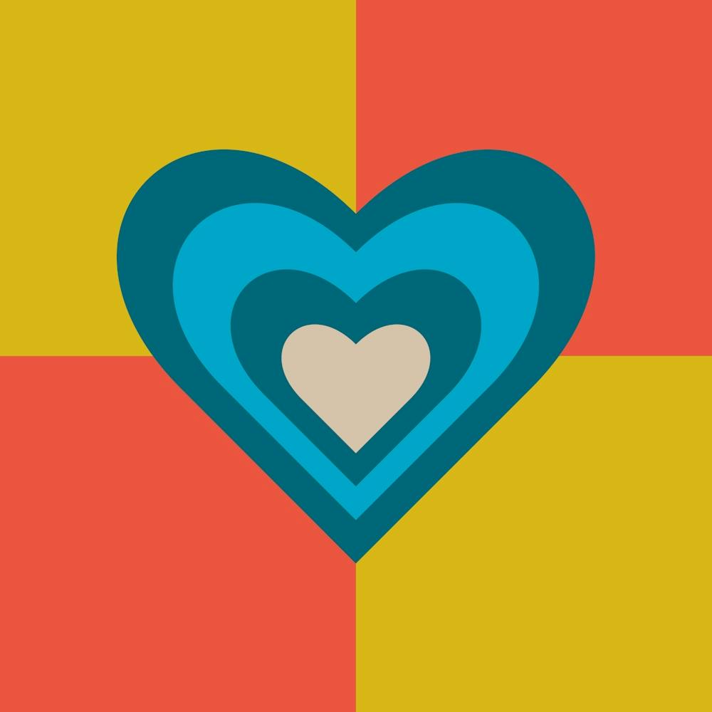 LOVE HEARTS CHECKERBOARD Single Retro Alt Valentines in Teal Blue Cream on Orange Yellow Geometric Grid