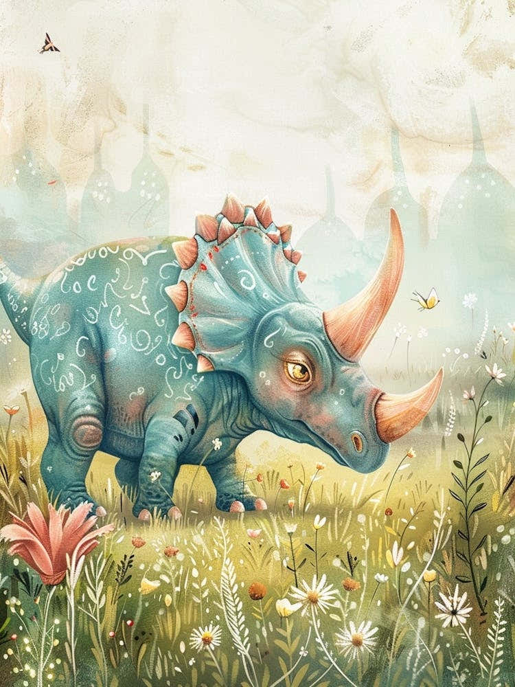 Cute Pattern Triceratops In The Meadow Watercolour Painting 2