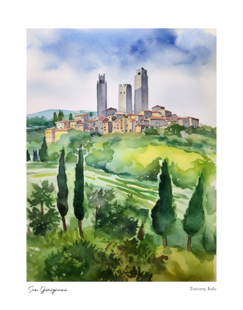 San Gimignano, Tuscany, Italy 1 Watercolour Travel Poster
