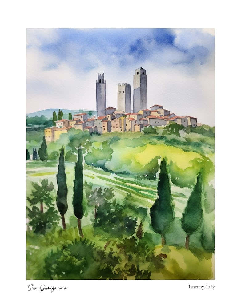 San Gimignano, Tuscany, Italy 1 Watercolour Travel Poster
