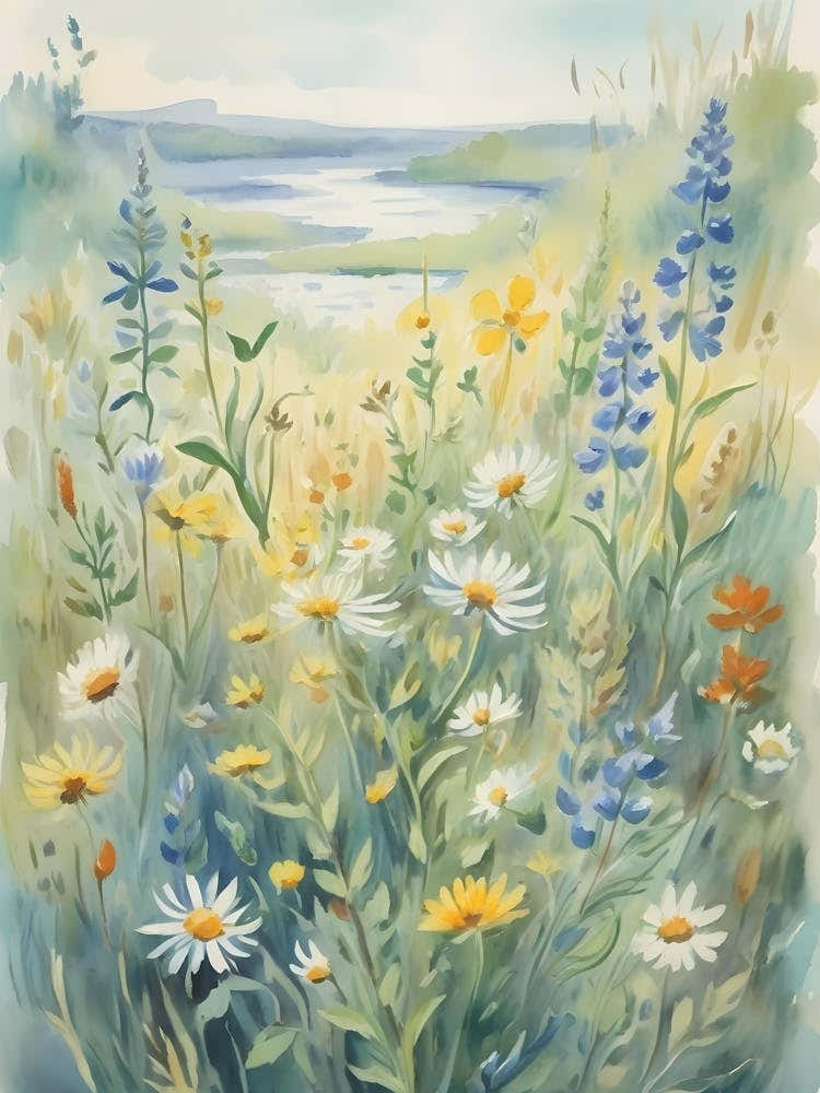 Vintage Flower Field Watercolor Claude Monet Style