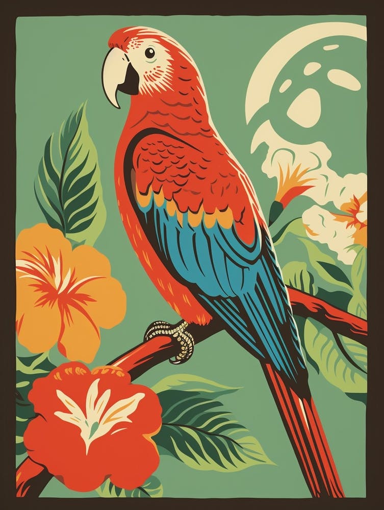 Vintage Bird Linocut Parrot 1
