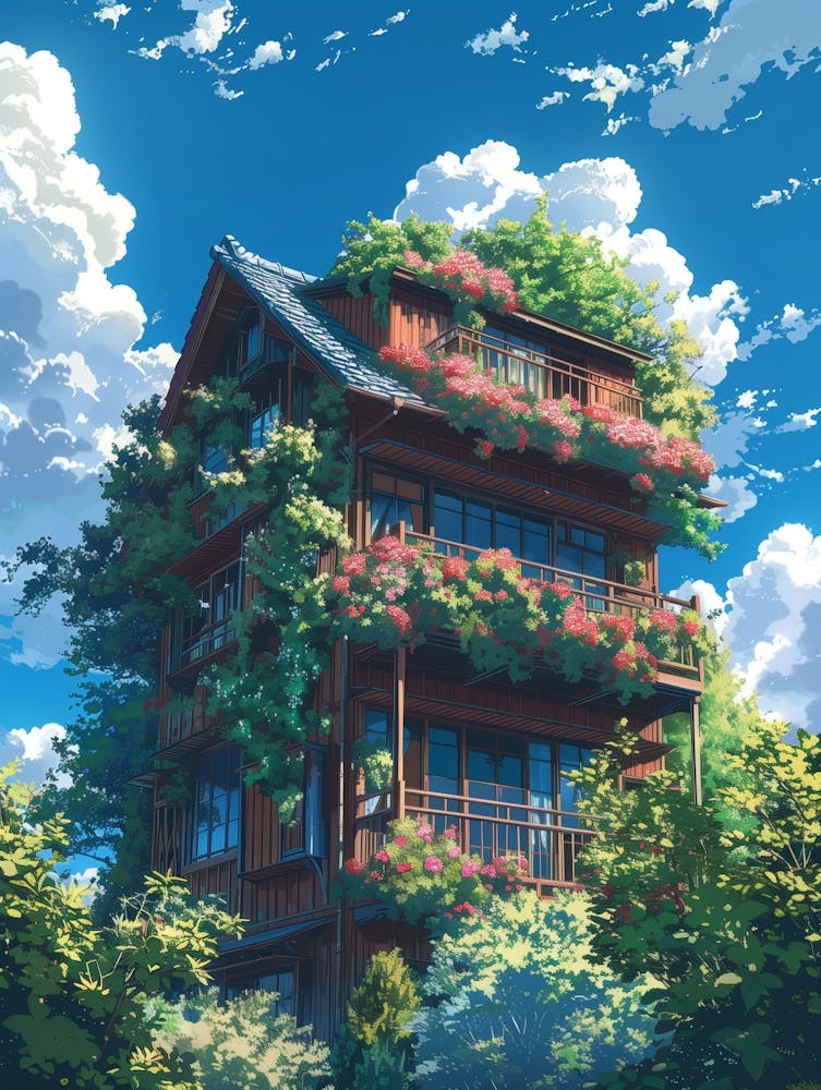 Anime Scene In Style Of Studio Ghibli Shows Cozy Building With Balcony Covered With Flowers