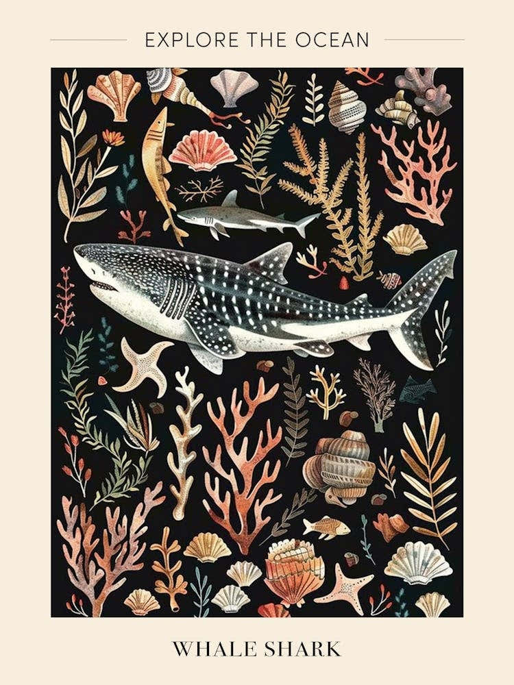 Whale Shark Seascape Black Background Illustration 1 Poster