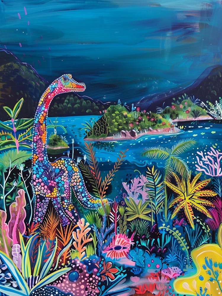Dinosaur By The Ocean Colourful Painting