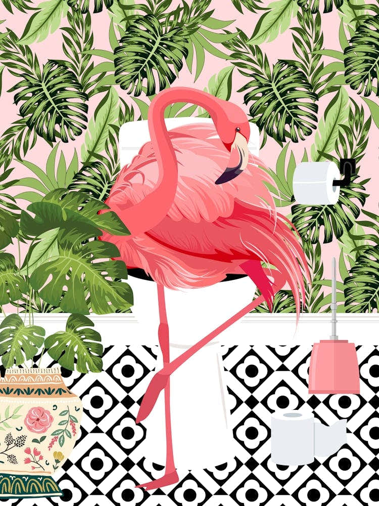 Flamingo On Toilet Bathroom