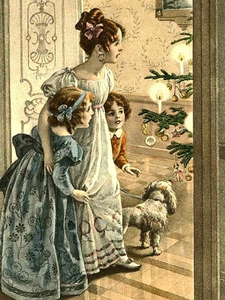 Mother With Two Kids, Victorian Vintage Holiday Poster