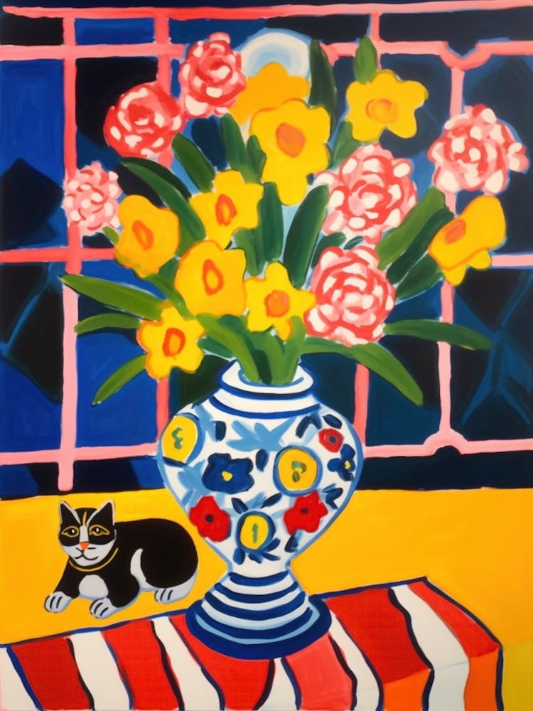 A Painting Of A Still Life Of A Freesia With A Cat In The Style Of Matisse 3