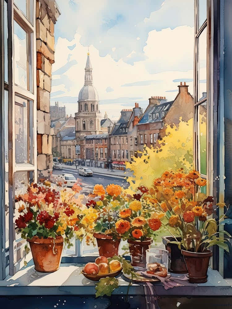Window View Of Dublin Ireland In Autumn Fall, Watercolour 2