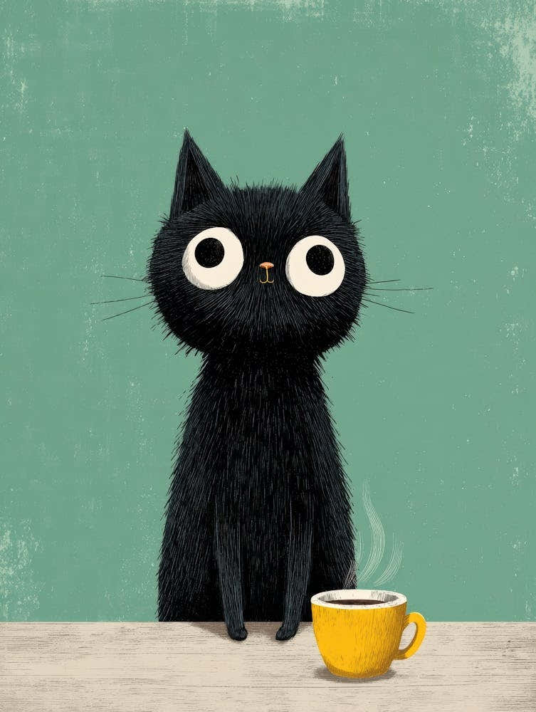 Black Cat With A Cup Of Coffee 4