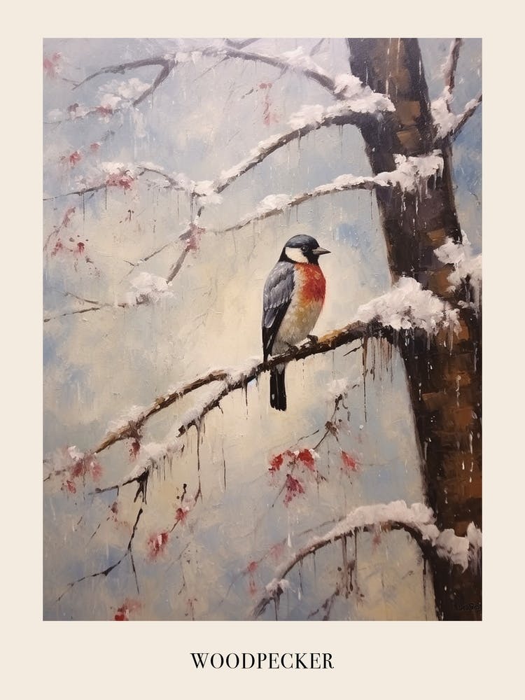 Vintage Winter Animal Painting Poster Woodpecker 2