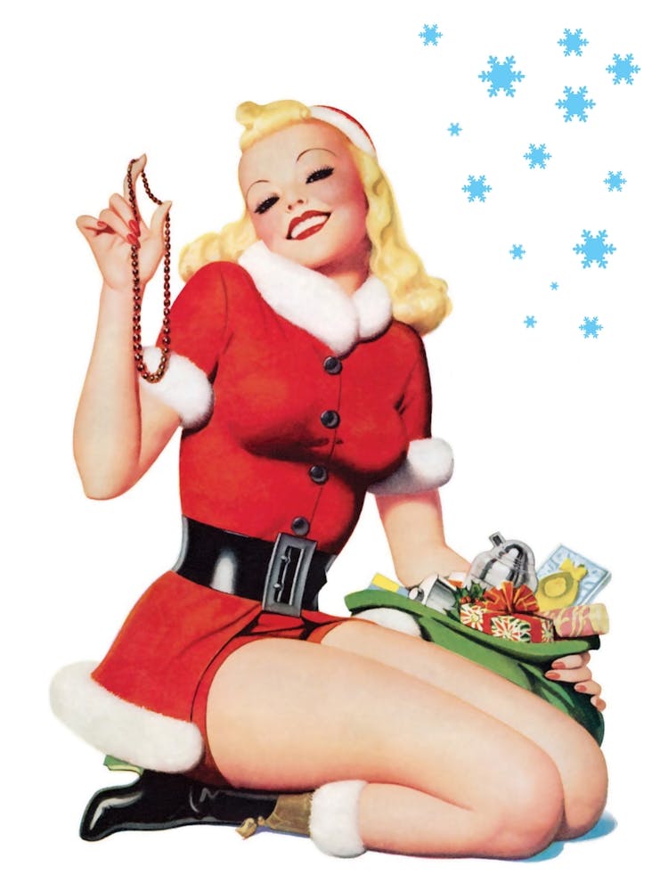 Sexy Pin Up Blond In Santa Claus Suit Showing Her Necklace