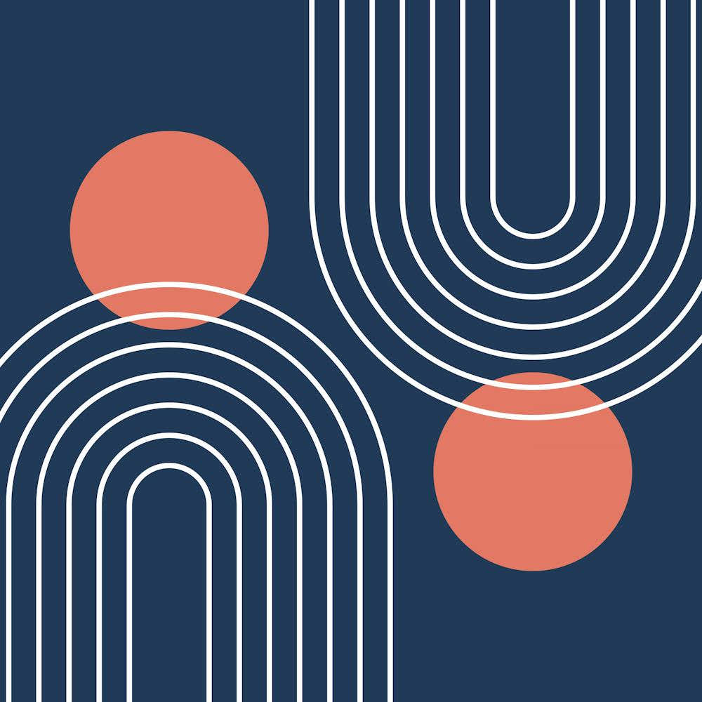 Mid Century Modern Geometric C3 In Navy Blue And Coral (Rainbow And Sun Abstraction) 02