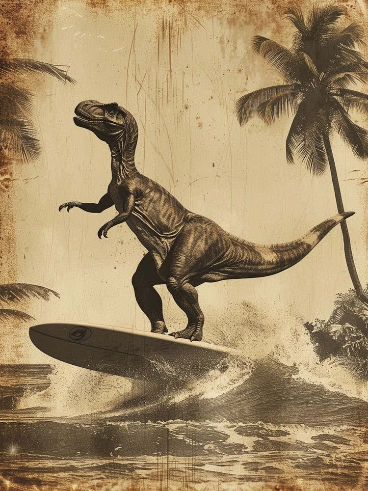 Vintage Maiasaura Dinosaur On A Surf Board   3