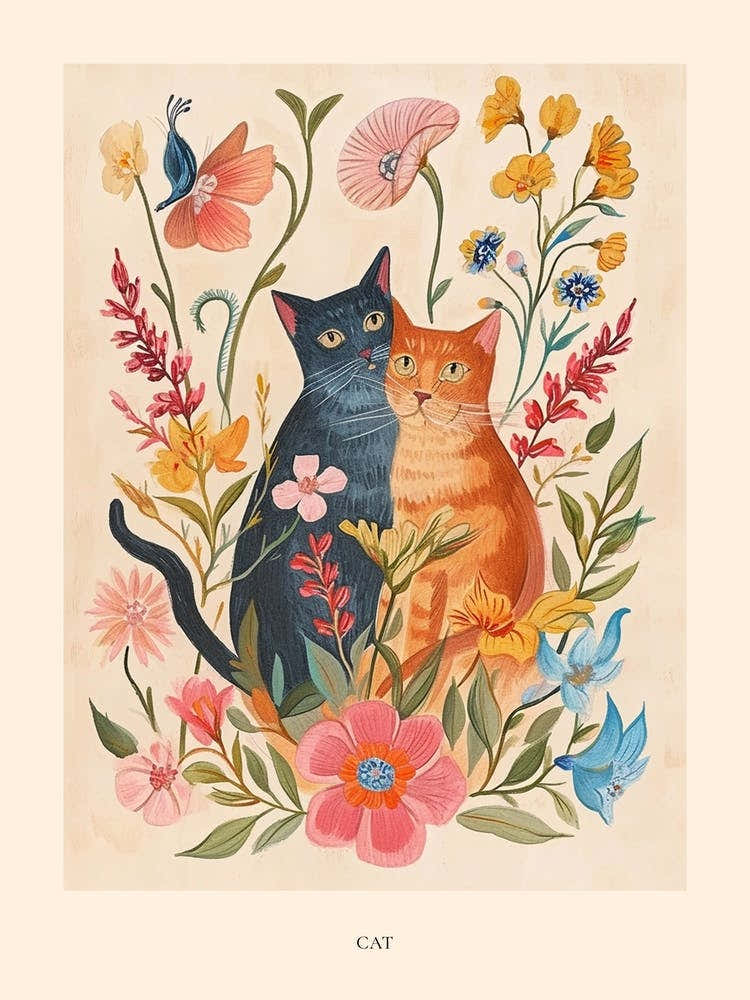 Folksy Floral Animal Drawing Cat 11 Poster