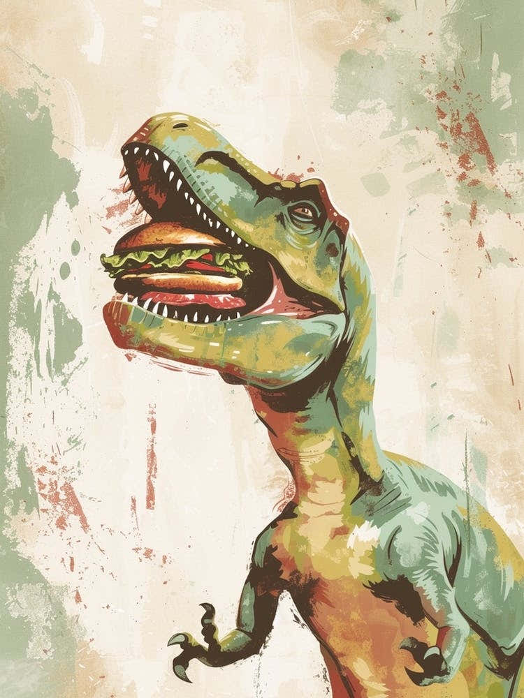 T Rex Eating A Hamburger Teal & Beige