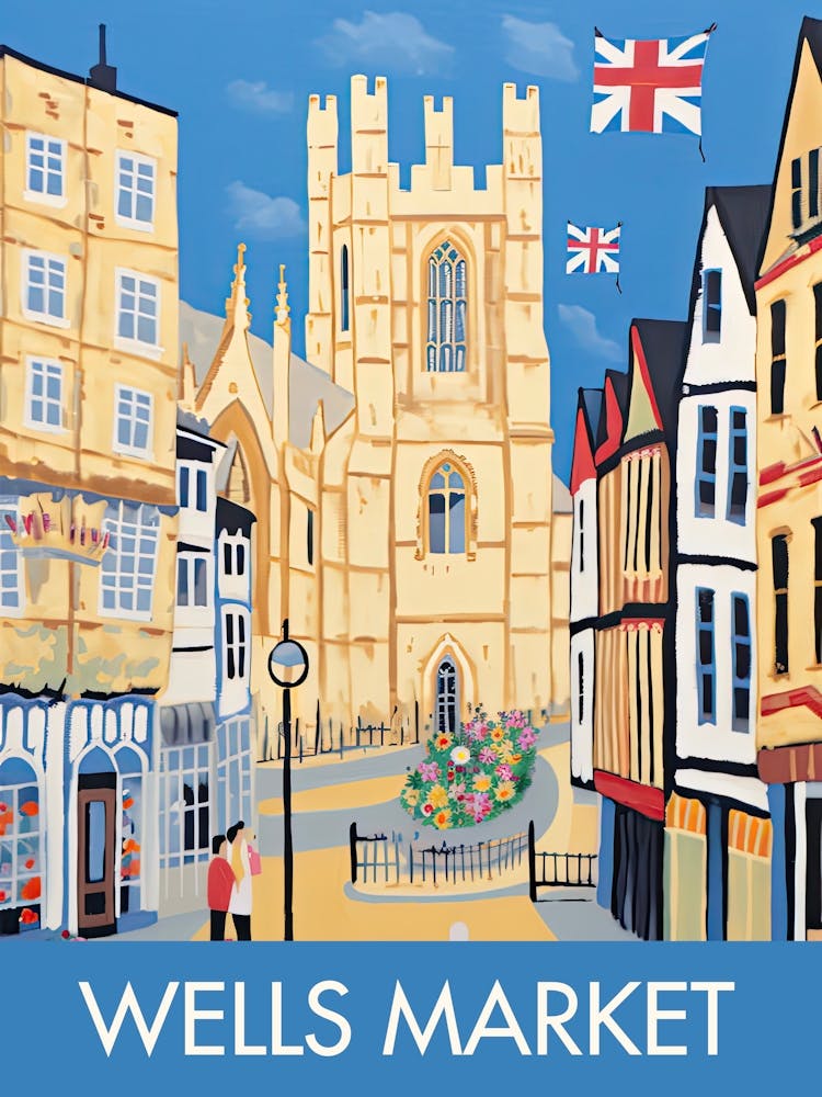 Wells Market Square England Travel Print Painting Cute