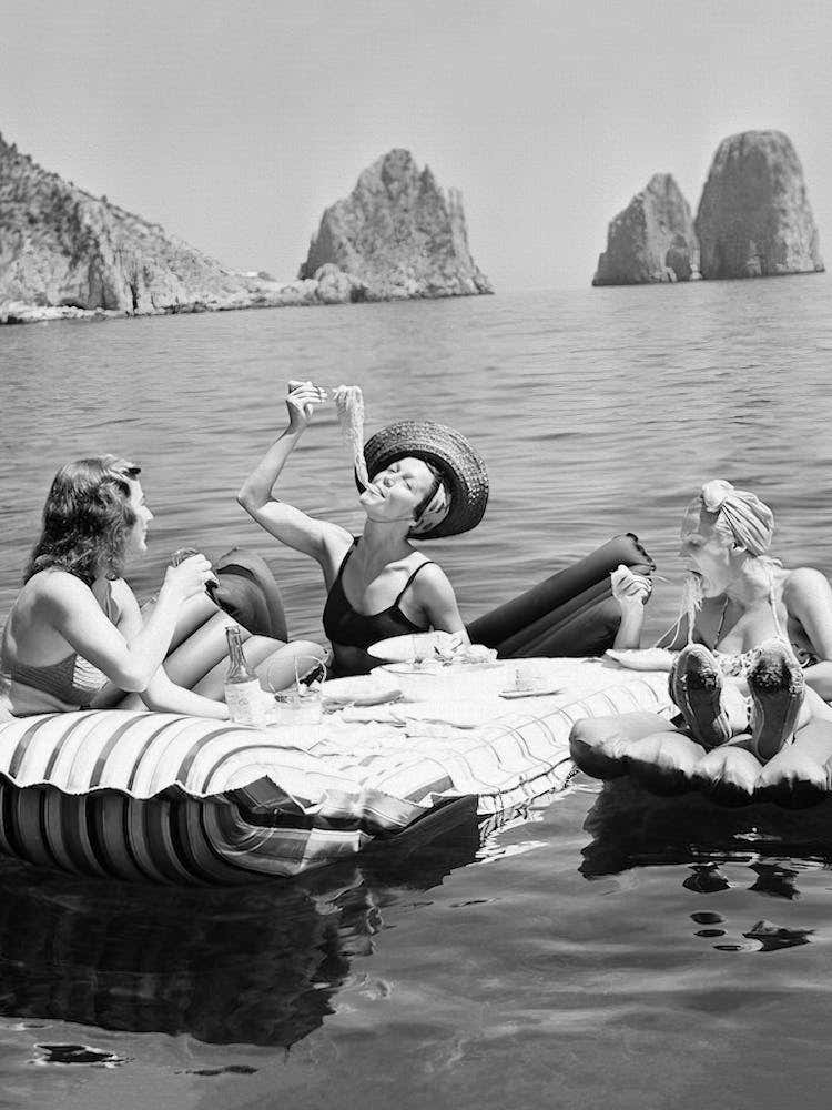 Women Eating Pasta, Women Relaxing on Float on a Lake, Vintage Black and White Old Photo