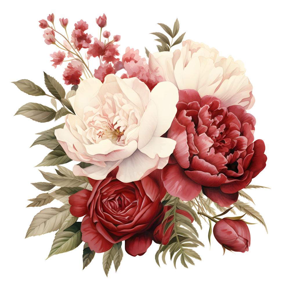 Elegant Red and White Floral Bouquet Wall Art - Peonies and Roses Print