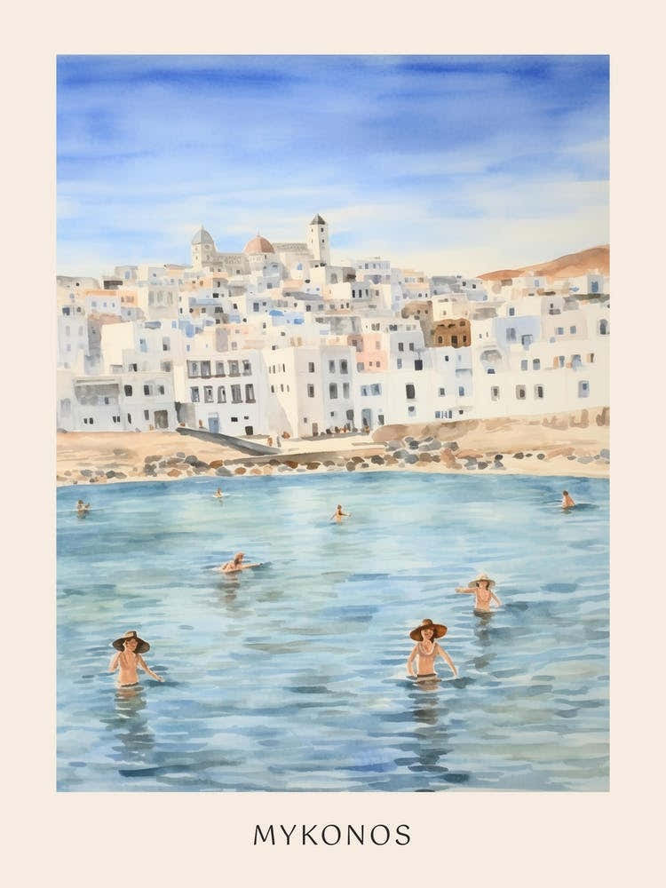Swimming In Mykonos Greece 2 Watercolour Poster