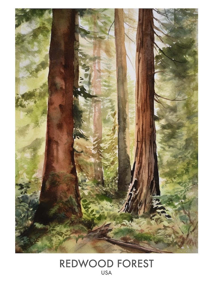 Redwood Forest 4 Watercolour Travel Poster