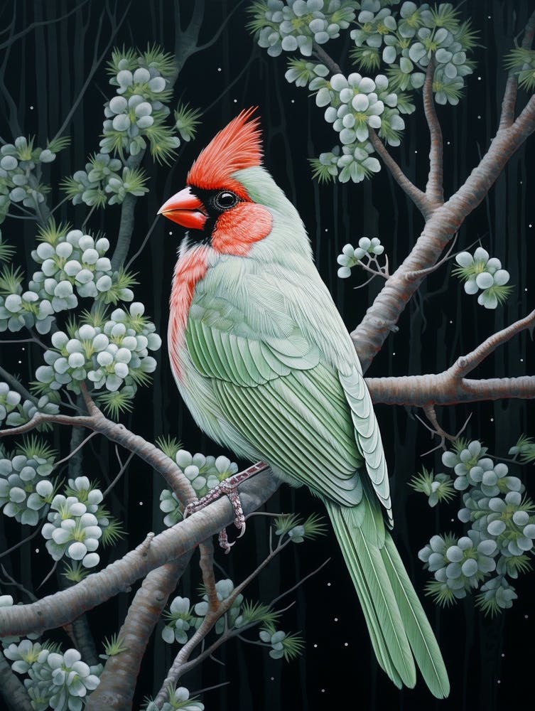 Ohara Koson Inspired Bird Painting Cardinal 4
