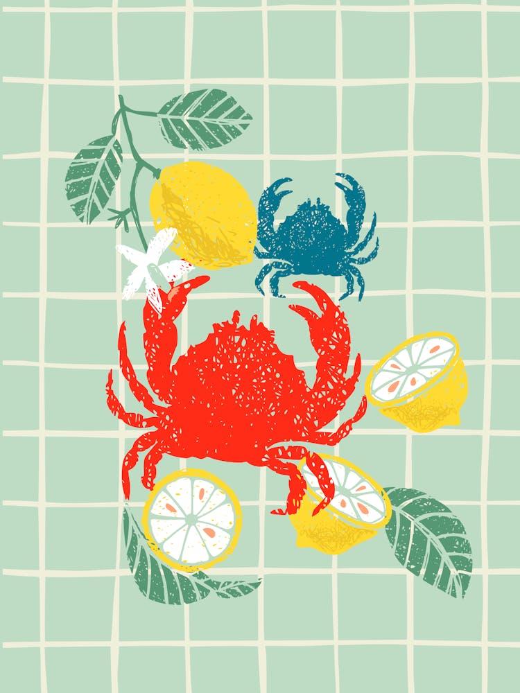 Crab and lemons linocut mint checks