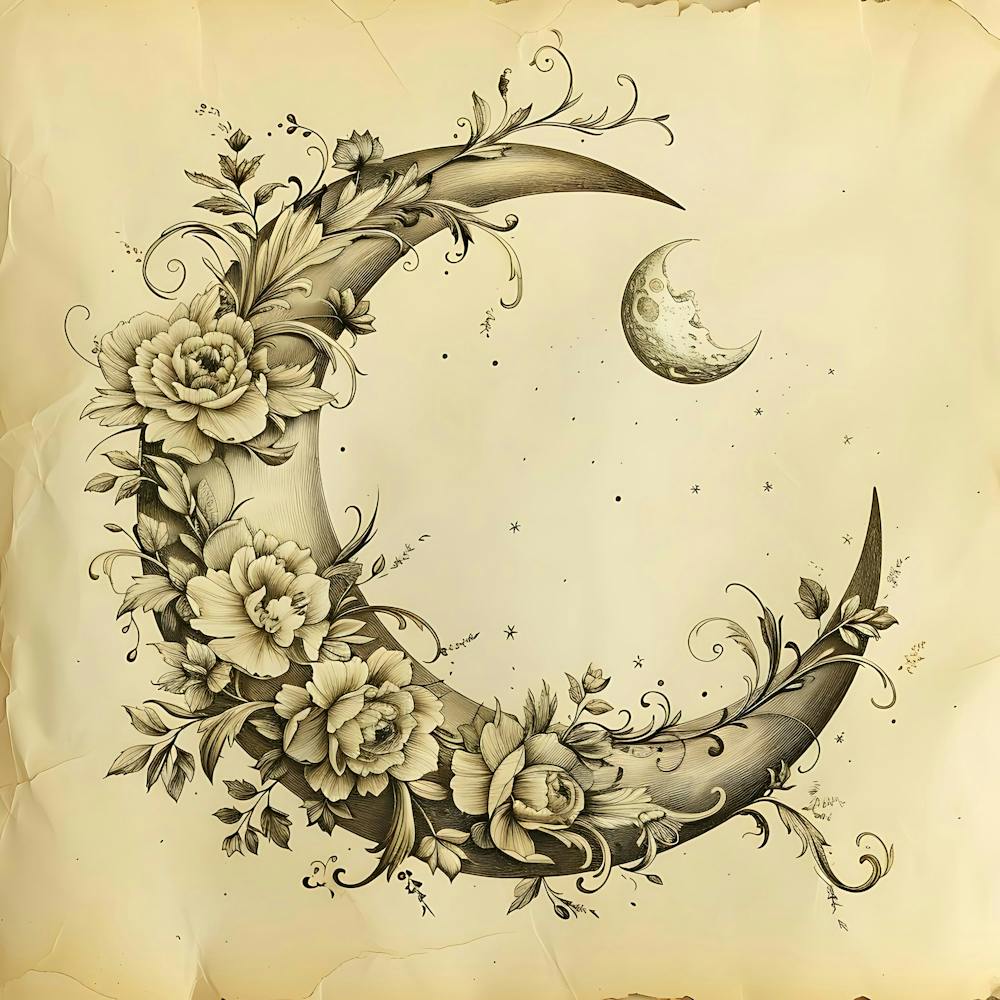 Crescent Moon Adorned With Delicate Floral Details Rendered In Sepia Tones On Textured Parchment