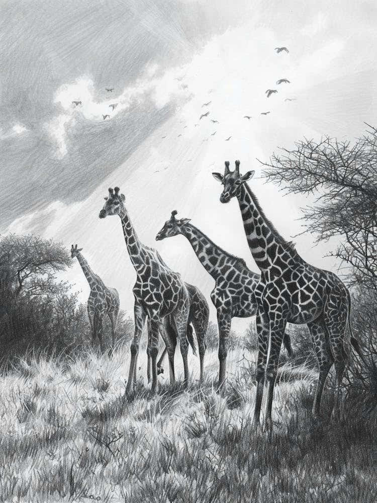 Pencil Portrait Herd Of Giraffes In The Wild  3