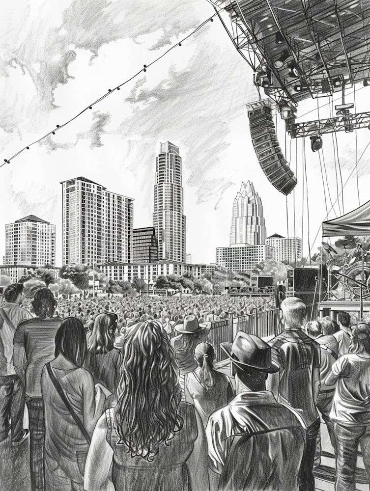 Live Music Scene Austin Texas Black And White Drawing 1