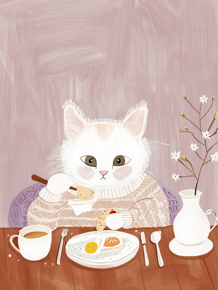 White And Tan Cat Having Breakfast Folk Illustration 3