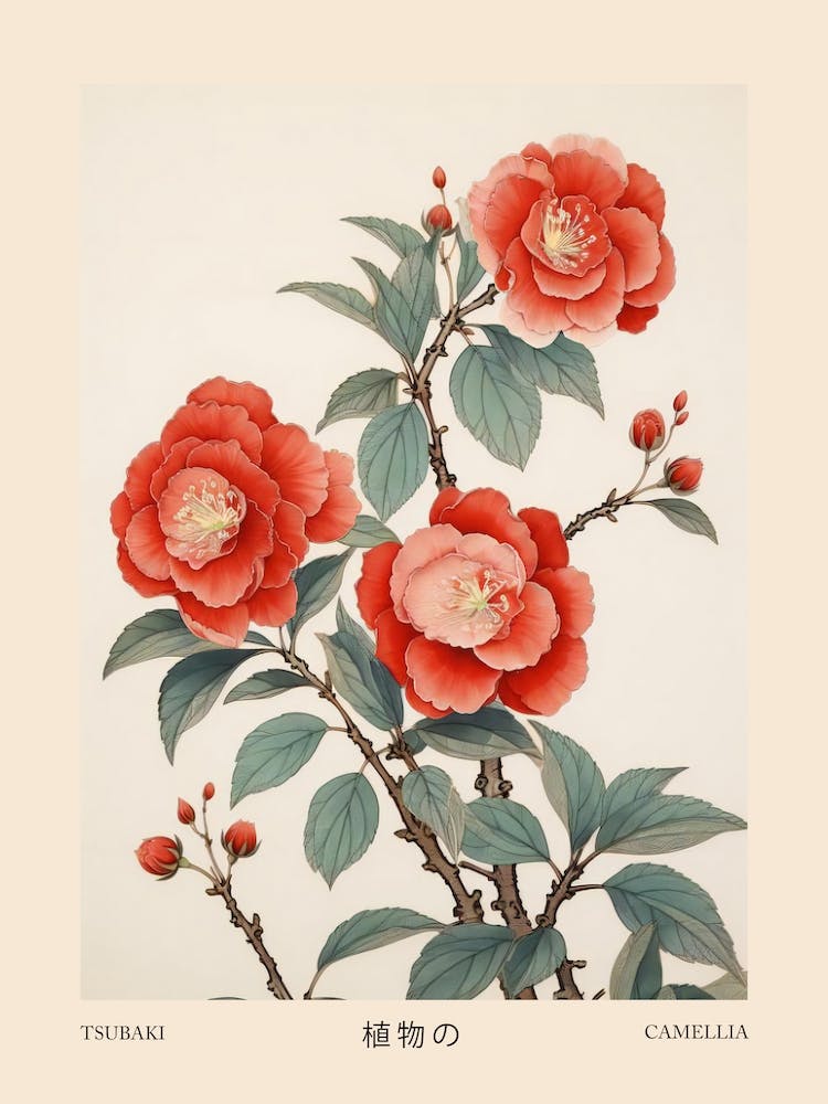 Tsubaki Camellia 1 Vintage Japanese Botanical Poster