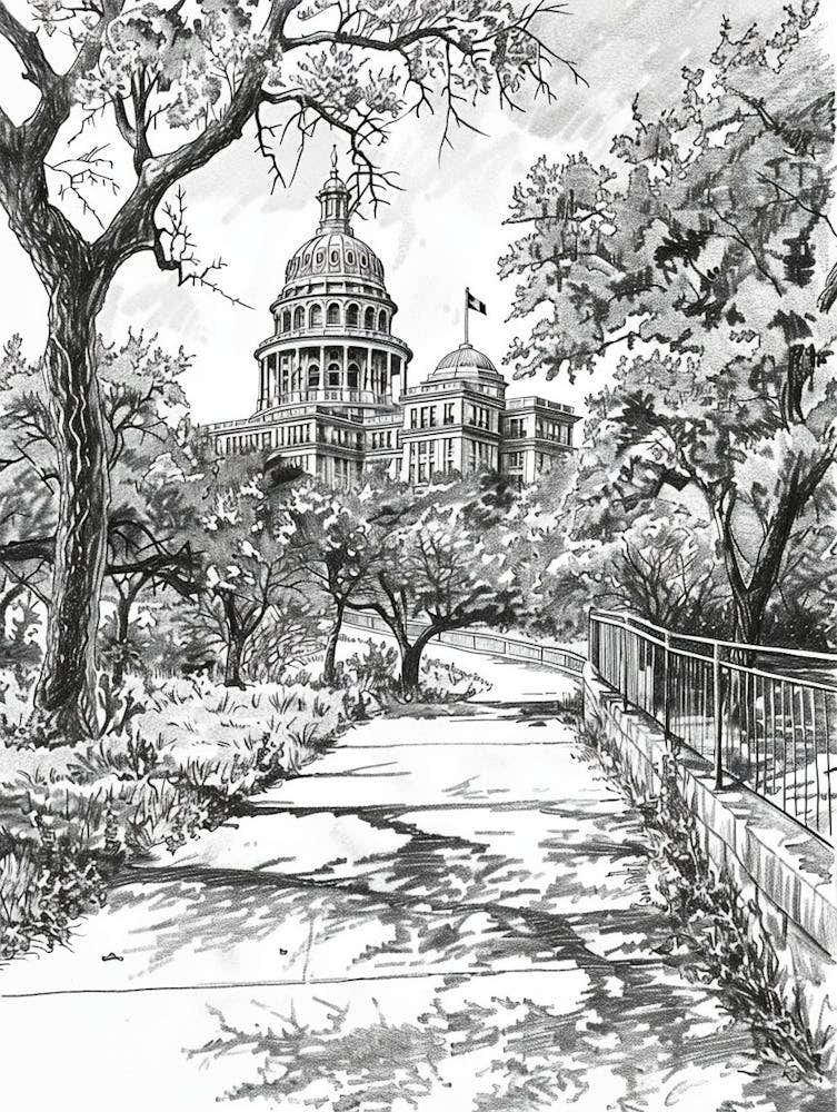 The Texas State Capitol Austin Texas Black And White Drawing 1