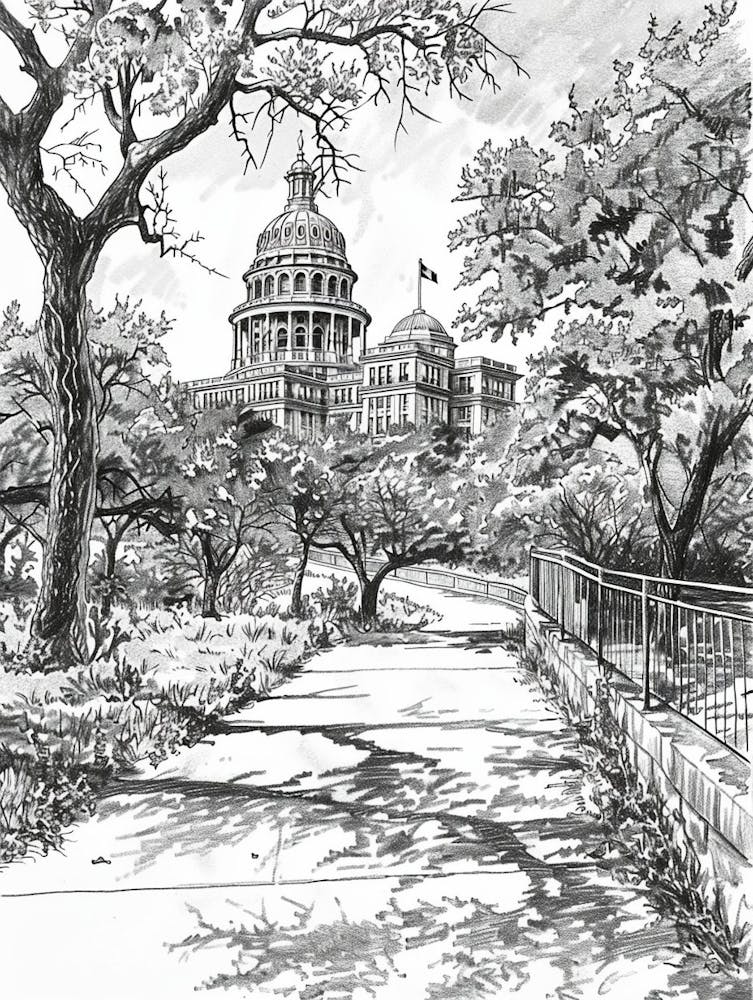 The Texas State Capitol Austin Texas Black And White Drawing 1