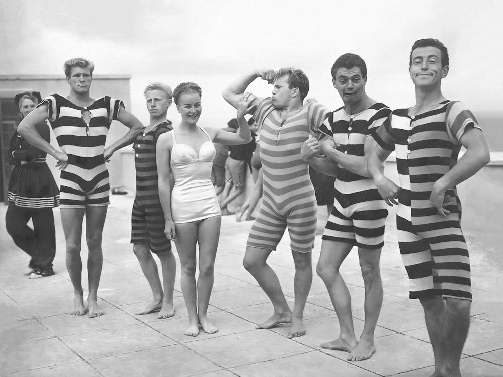 Muscle Men in Vintage Swimwear, Black and White Old Photo, Funny, Vintage Beach Art