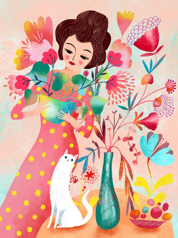 Lady And Cat Floral Arrangement