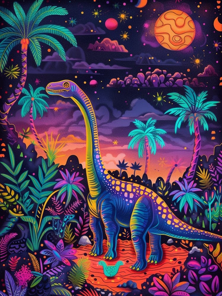Abstract Neon Dinosaurs In Jurassic Landscape 1