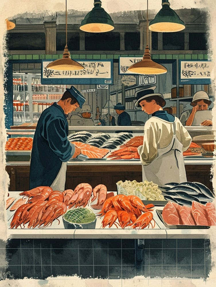 Art Deco Inspired Illustration Of People At A Fish Market