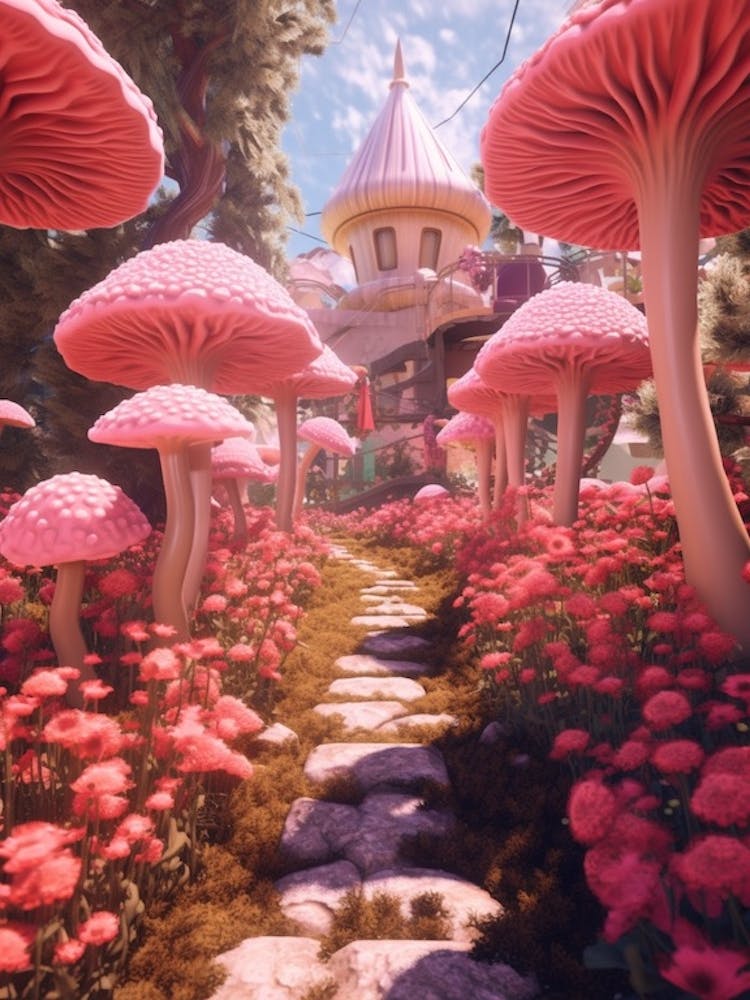 Pink Mushrooms Surreal Landscape