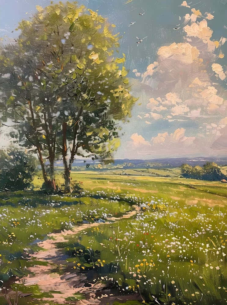 Spring Landscape Oil Painting, Vintage Summer Country Farmhouse Decor, Muted Country Field Wall Art Digital Download, Nature Printable Art