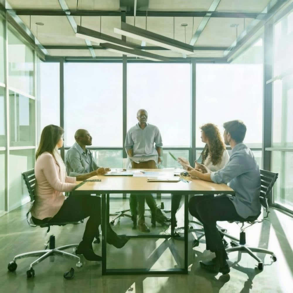 A diverse group of professionals collaborating in a modern conference room, utilizing technology and engaging in discussions, symbolizing teamwork, innovation, and corporate synergy. This versatile image can be used across various industries for presentat
