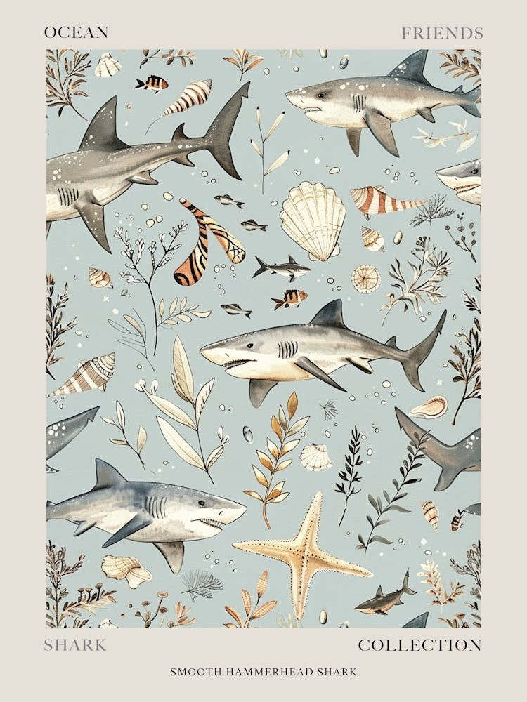 Pastel Blue Smooth Hammerhead Shark Watercolour Seascape 1 Poster