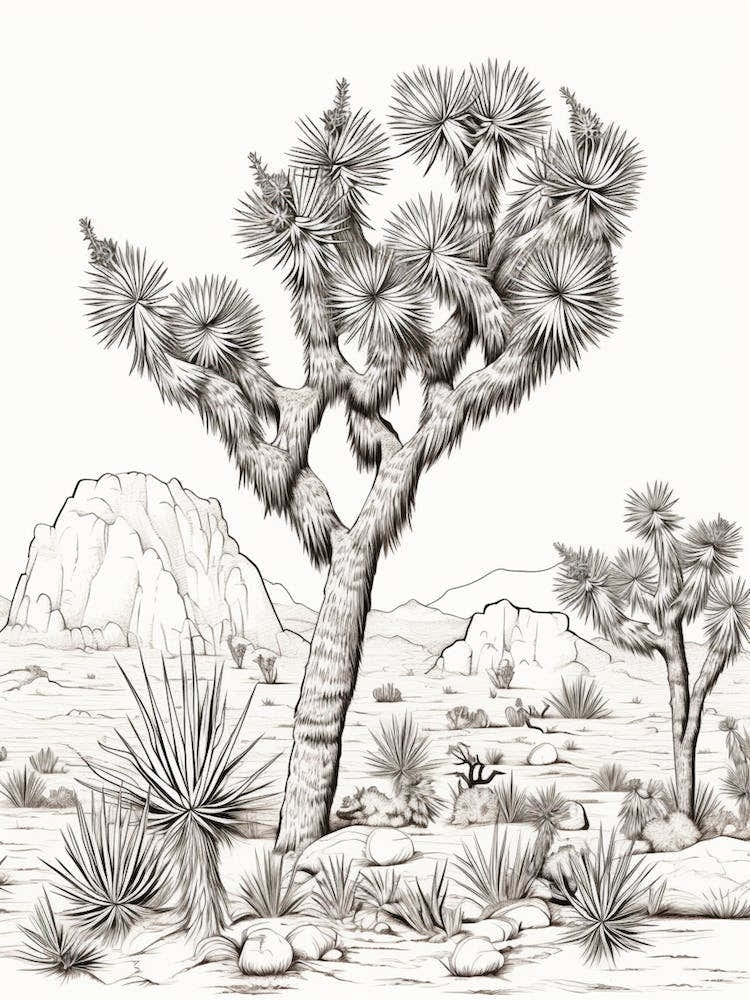 Detailed Drawing Of A Joshua Tree At Dawn In Desert 4