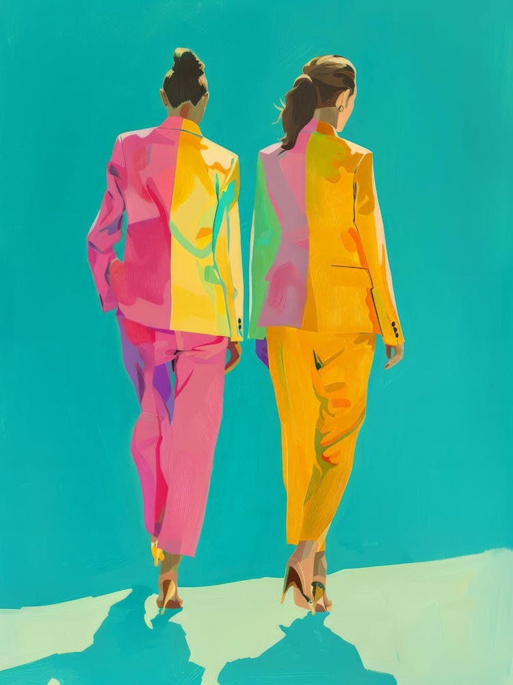 Two Women In Colorful Suits
