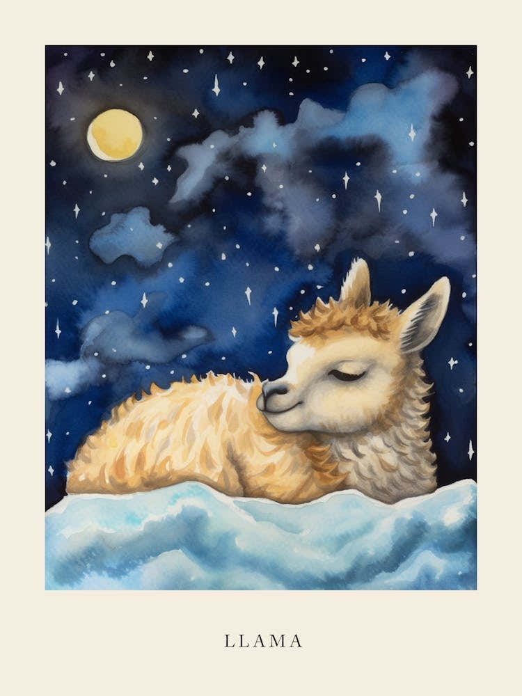 Baby Llama 1 Sleeping In The Clouds Nursery Poster