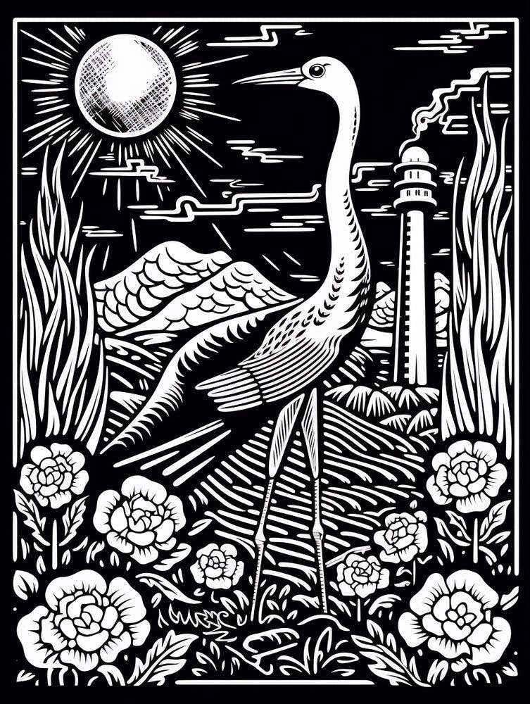 B&W Bird Linocut Crane 3