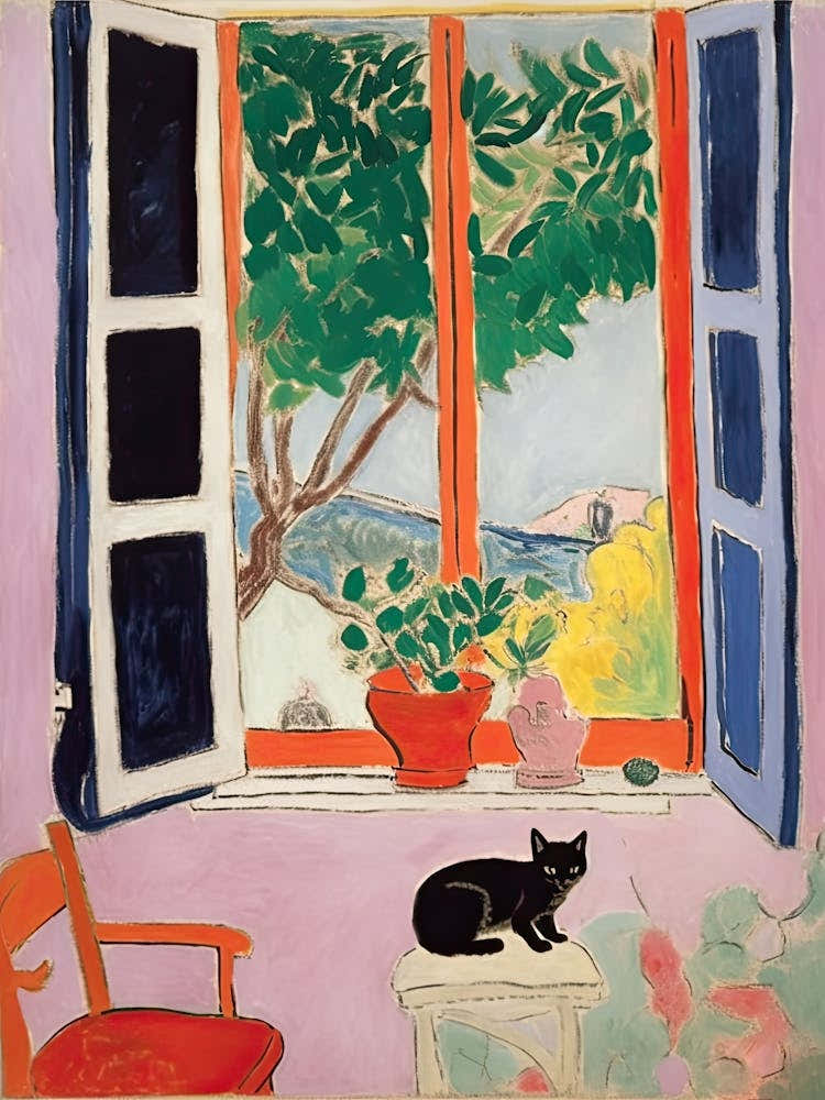 Open Window Orange With A Black Cat