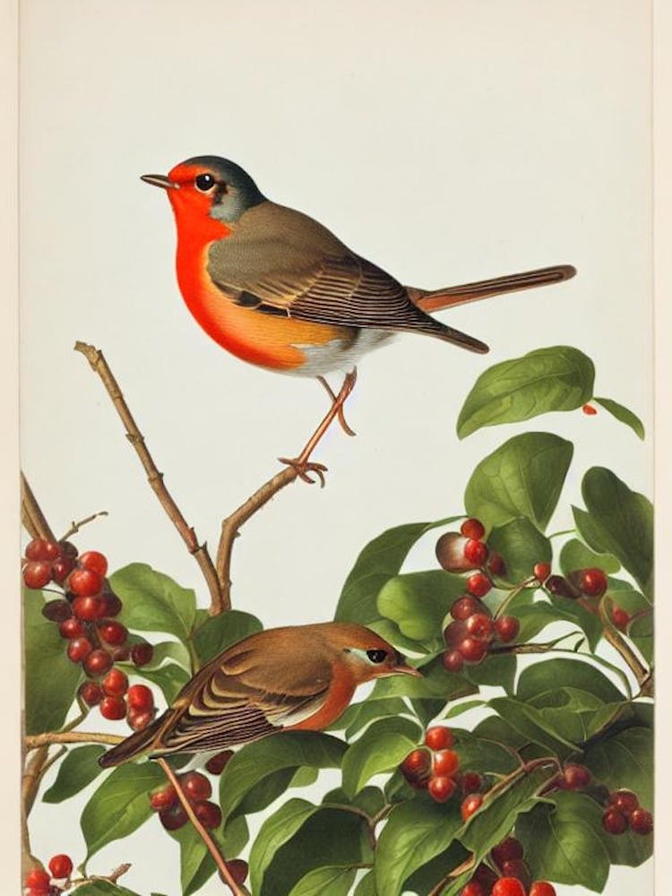 European Robin James Audubon Vintage Style Bird
