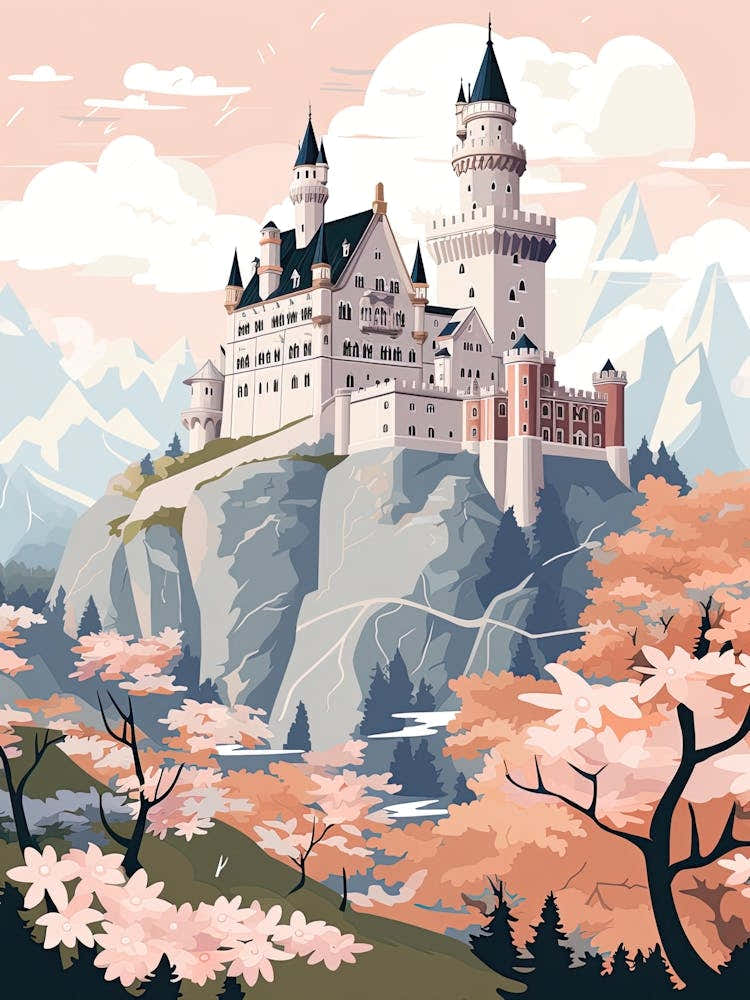 Neuschwanstein Castle   Bavaria, Germany   Cute Botanical Illustration Travel 1