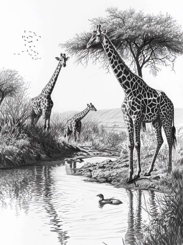 Giraffes Inspecting Their Reflection Pencil Drawing 2